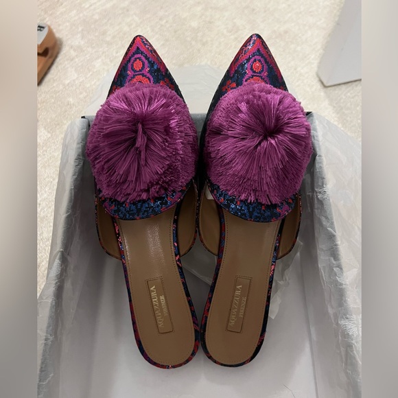 Size 41 - Aquazzura Powder Puff Pompom embellished Metallic Jacquard Mules - Picture 15 of 15